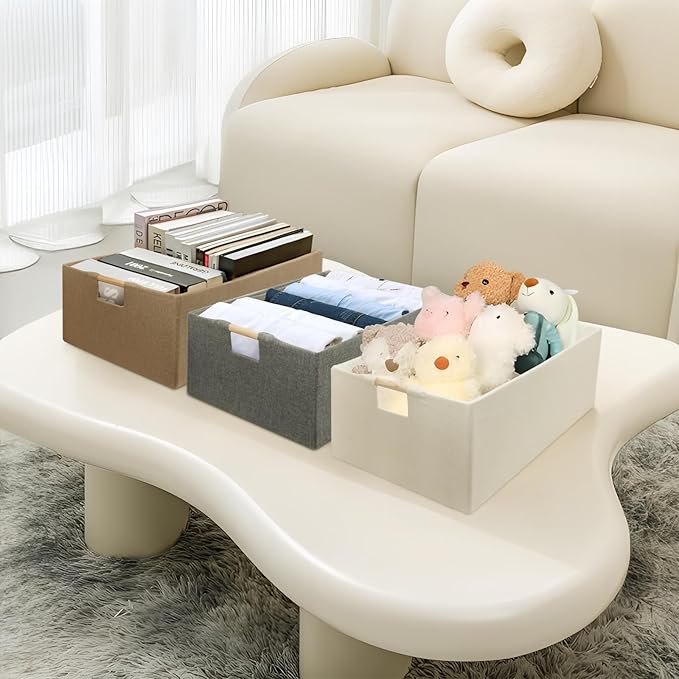 Foldable Fabric Storage Cubes, 2 Packs Cloth Storage Baskets with Wooden Handles, Collapsible Shelf Closet Organizer Bins, Rectangular Storage Boxes for Decor (Beige)