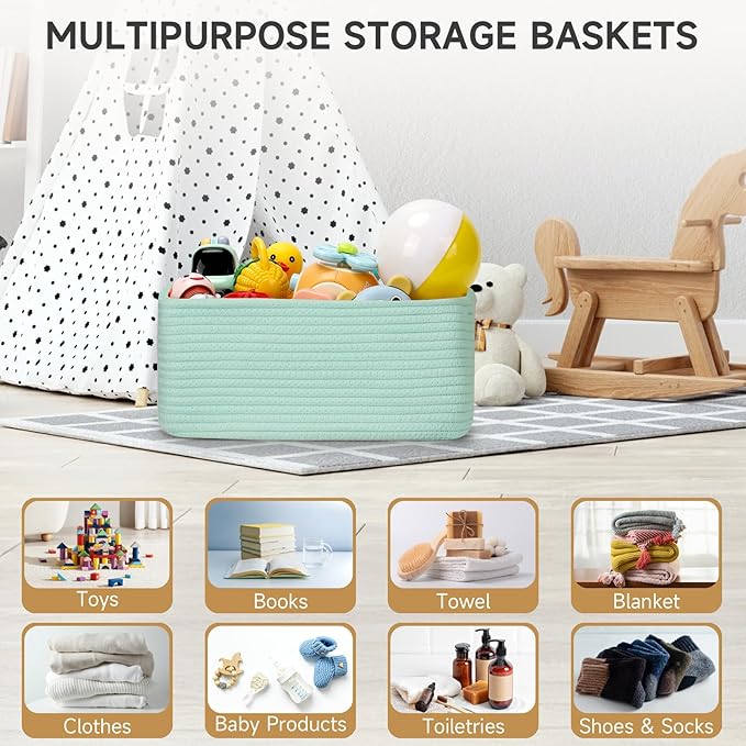 3-Pack Storage Baskets for Organizing | Woven Shelf Toy Basket | Rope Baskets for Gifts Empty | Closet Organizer Bins with Handles | Cube Decorative Box | 13.7×7.1×6.7” | Light Green