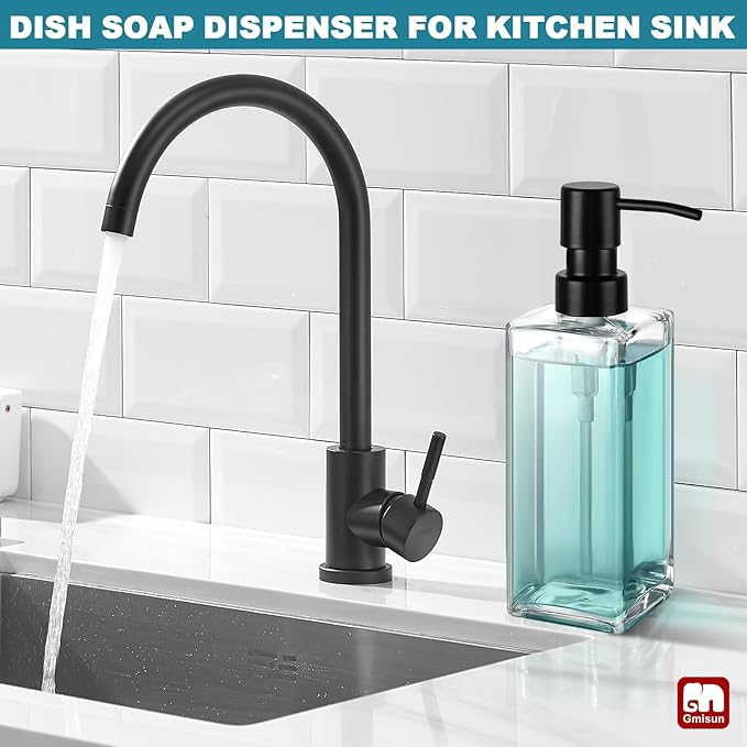 GMISUN Glass Soap Dispenser with Stainless Steel Pump, Clear Hand Soap Dispenser for Bathroom, 12 fl oz/350ml Refillable Dish Dispenser for Kitchen, Modern Liquid Soap and Lotion Bottle for Countertop