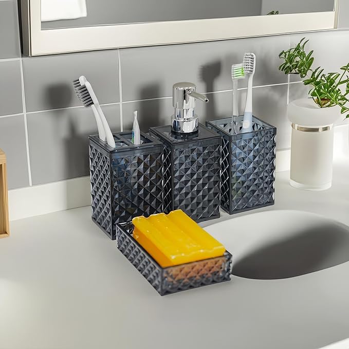 Bathroom Accessories Set, 4 PCS Grey Bathroom Accessory Sets Complete, Diamond Pattern Soap Dispenser and Toothbrush Holder Set,Boho Bathroom Decor, Dark Grey Bathroom Sets Accessories
