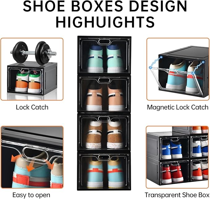 INSTY 12 Pack Large Shoe Storage Box, Clear Shoe Storage Organizer with Magnetic Door, Stackable,Shoe Containers For Display Sneakers, Easy Assembly, Fit up to US Size 12, Black