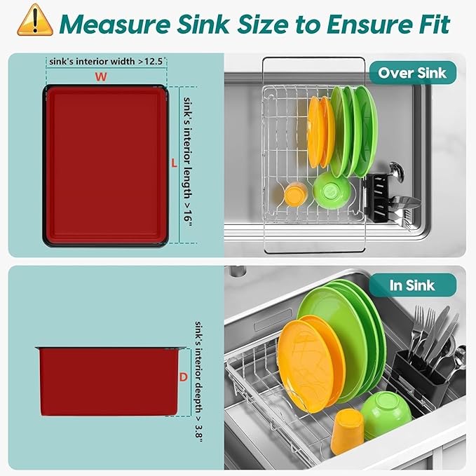 MERRYBOX Stainless Steel Dish Drying Rack, Expandable Dish Drainers for Kitchen Sink, Non-Slip & Durable - Sink Dish Rack with Large Cutlery Holder (Adjustable 15.4" to 23" cm)