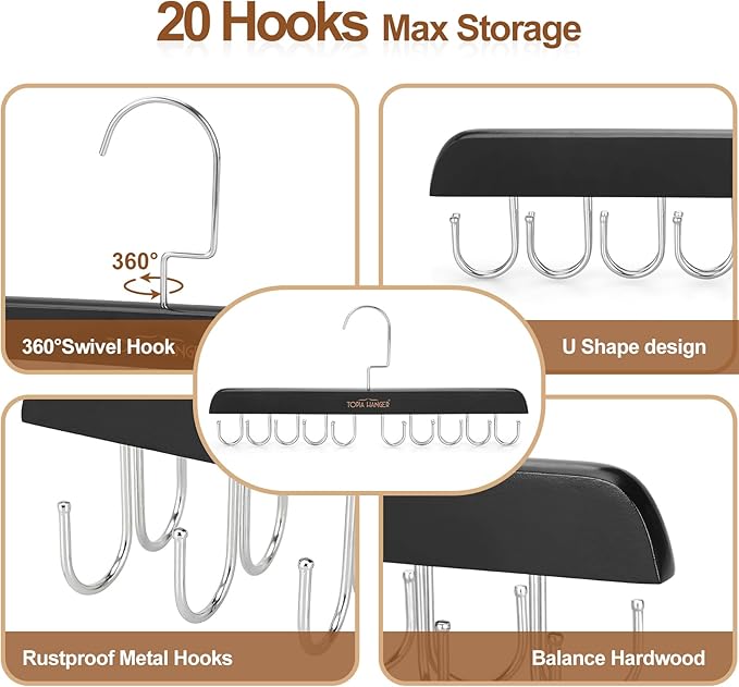 TOPIA HANGER Bra Hanger for Closet, 2 Pack Tank Top Hangers 40 Hooks Capacity Foldable Wood Space Saving Hangers Closet Organizer for Tank Top, Bra, Scarf, Belt, Tie etc - CT46B-2