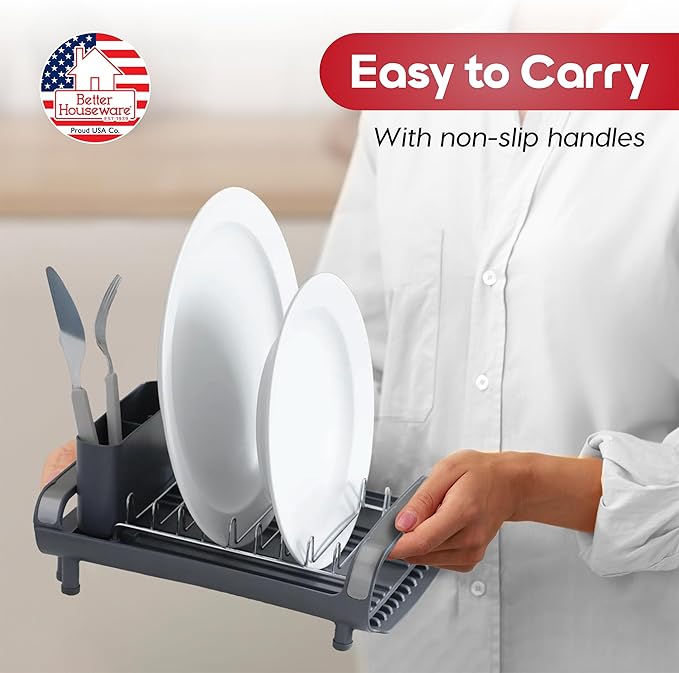 Better Houseware in Sink Dish Drying Rack, Dish Drying Rack in Sink with Non-Slip Handles, Stainless Steel Space-Saving Design, Dish Rack Holds 8 Plates, 12.25 x 18 x 10.75 Inch, Gray