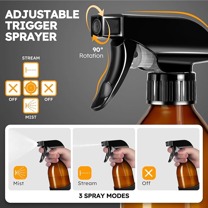 Tecohouse 2 Pack 360° Amber Glass Spray Bottles with Silicone Sleeve, 8 oz Empty Refillable Containers with Adjustable Spray Nozzles, Dark Spray Bottles for Cleaning Solutions, Plants (Black & Brown)