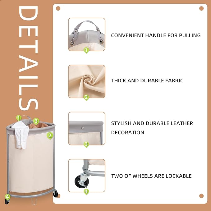 STORAGE MANIAC Corner Laundry Hamper, 110L Commercial Laundry Hamper with Heavy Duty Steel Frame and Removable Bag, Industrial Rolling Laundry Sorter, Heavy Duty Laundry Basket Organizer, Beige