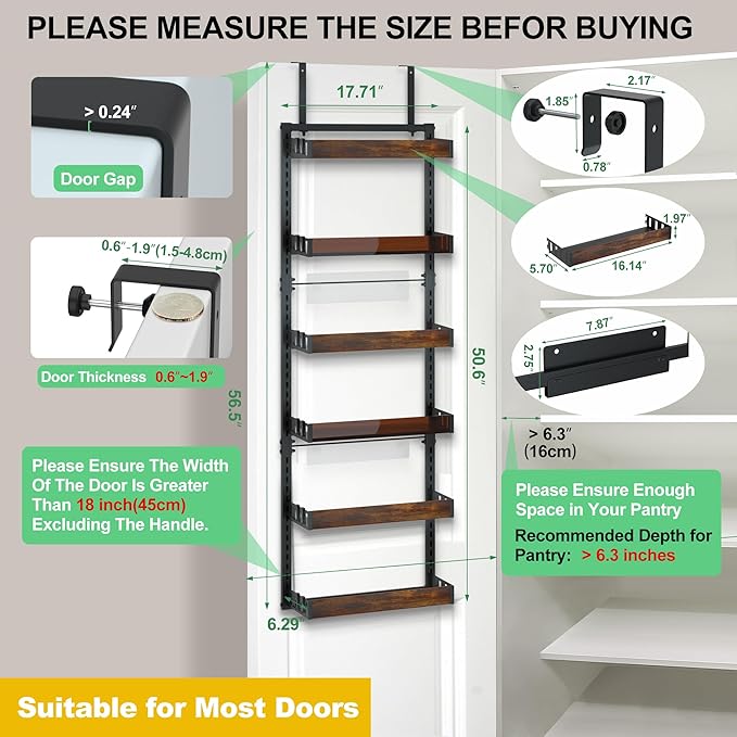 Jolitac Over The Door Pantry Organizer, 6-Tier Adjustable Solid Wood Rack Over-Door & Wall Storage Organizer with 8 Boards (2 Extra) Multi-Space Kitchen,Bathroom Reinforced Frame for Durable Use