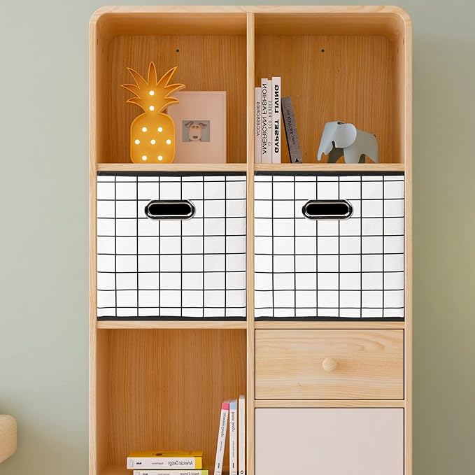 Yunkeeeper storage bins Cubes, Fabric Cube Organizer with Handle, Foldable Cube Bins for Cloth or Accessary Storage, 11x11x11, Set of 3,(White grid)