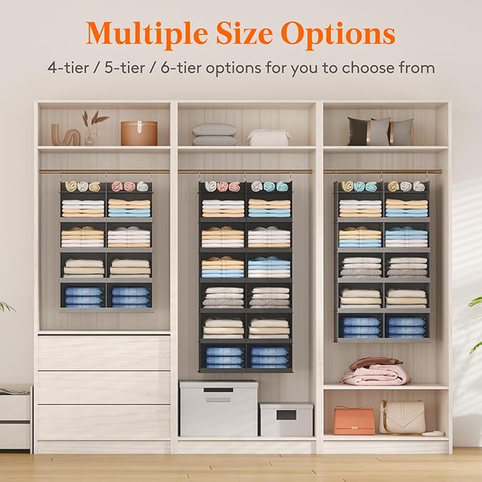 Lifewit Dual-Row Shelf Hanging Closet Organizer and Storage, Clothes Shelves with 3 Sturdy Hooks for Clothing Organization, Foldable Container Hold Up to 36 Sweaters, 6 Tier 12 Sections, Black