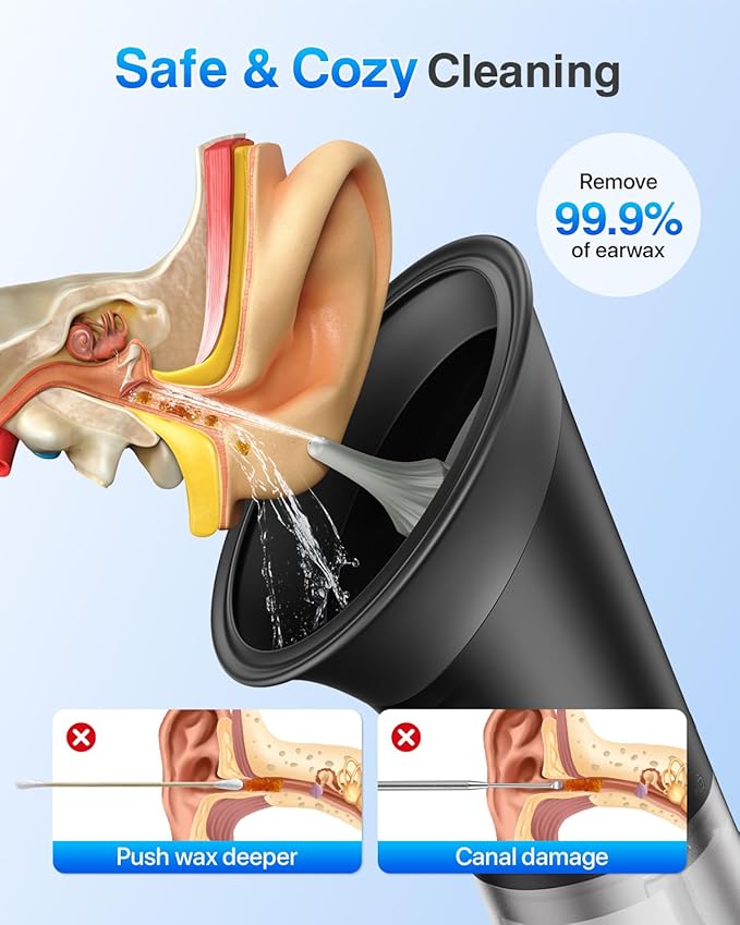 Electric Ear Wax Removal with One-Piece Waste Tank and Smart Display, 3 Targeted Modes, 230ml Detachable Tank, 12 Nozzles -Ear Cleaning Kit IPX7