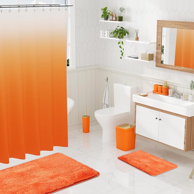 Bathroom Set - Orange Bathroom Sets with Shower Curtain and Rugs, 24PCS Shower Curtain Set with Hooks, Soap Dispenser, Soap Dish, Toilet Brush Holder and Trash Can for Housewarming
