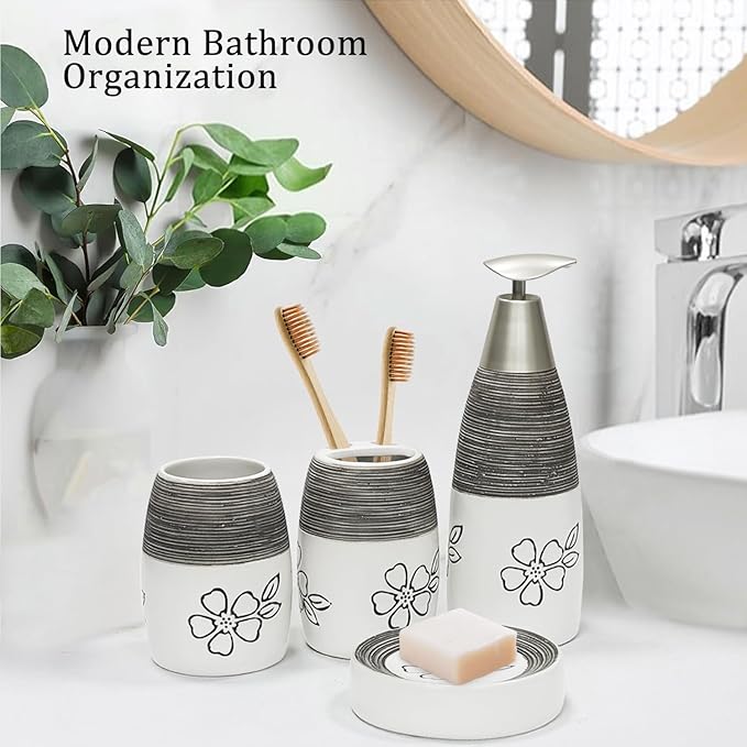 CERBIOR Bathroom Accessories Set,4 Pcs Ceramic Bathroom Decor Accessory,Includes Toothbrush Holder, Toothbrush Cup, Soap Dish for Decorative Countertop and Housewarming Gift, (White Flower)