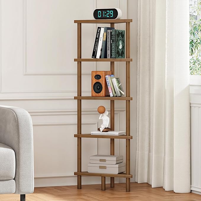 HOOBRO Corner Shelf Stand, 5-Tier Bamboo Corner Bookshelf, Plant Display Shelf, Corner Bookcase, Multipurpose Shelving Unit for Small Space, Living Room, Easy Assembly, Mocha MA20CJ01