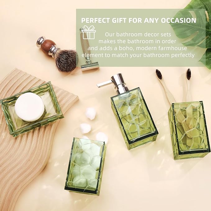 Green Bathroom Accessories Set with Toothbrush Holder, Soap Dispenser, Tumbler, Soap Dish, Sage Green Bathroom Decor, Acrylic (Green-4pcs)
