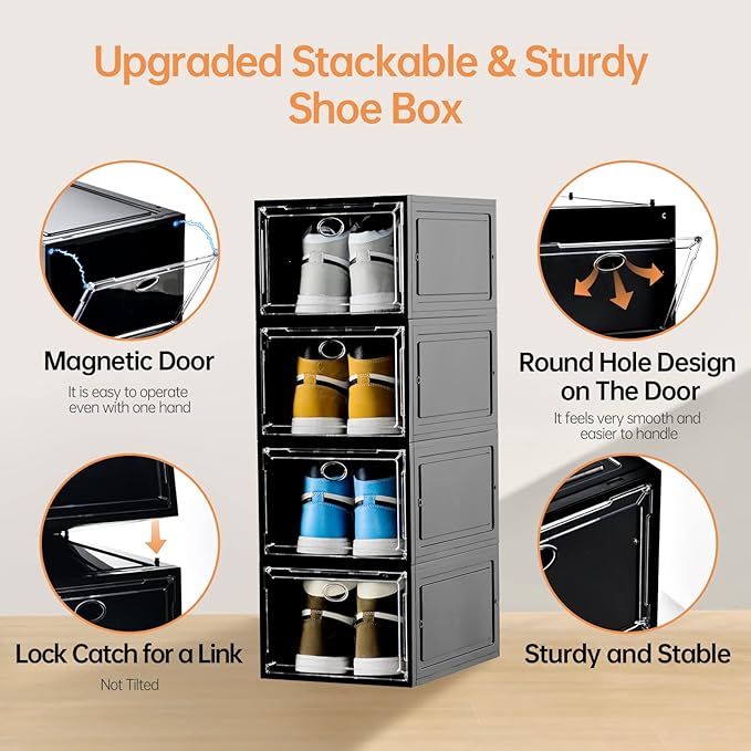 Amllas 12 Pack Shoe Boxes Stackable,Upgraded Sturdy Shoe Storage Boxes with Clear Magnetic Door,Multifunctional Sneaker Storage, Shoe Box Organizer Fit up to US Size 12 Gray(13.8”x 9.84”x 7.1”)