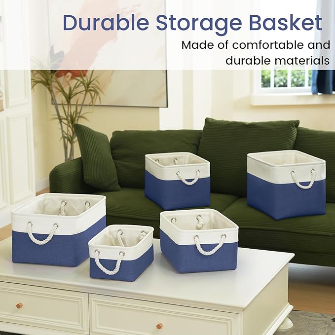 Storage Baskets for Shelves 13.8x9.8x6.7 Inch, Foldable Fabric Storage Bins with Handles, Small Storage Baskets for Organizing Closet, Office, Home Organization (1-Pack, White&Blue)
