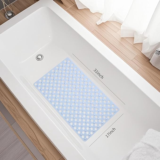 BREELEAM Non Slip Bathtub Mat and Shower Mat 31x17 inch,Bath Mat with Quick Dry Drain Holes and Suction Cups, Soft Comfortable Safe Bathroom Mat for Bath Tub, Floor, Tile (Light Blue)