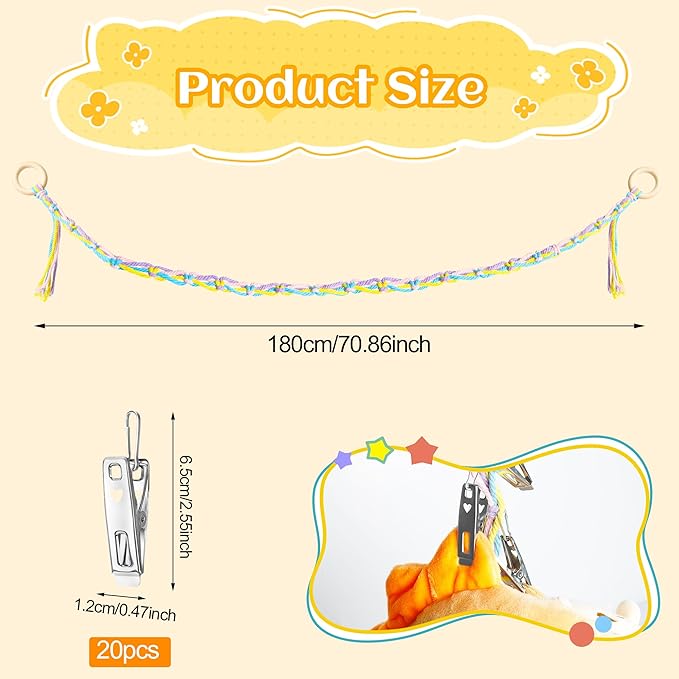 Hanging Stuffed Animal Storage Hammock - 78 Inch Stuffed Animal Net with 20 PCS Metal Clips, Macrame Stuff Animals Organizer for Room Decor