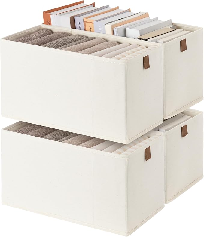 StorageWorks Small Storage Bins, Fabric Storage Bins, Narrow Baskets for Shelves with PU Handle, Perfect for Clothes, Towels, and Light Blankets, Beige, 4-Pack