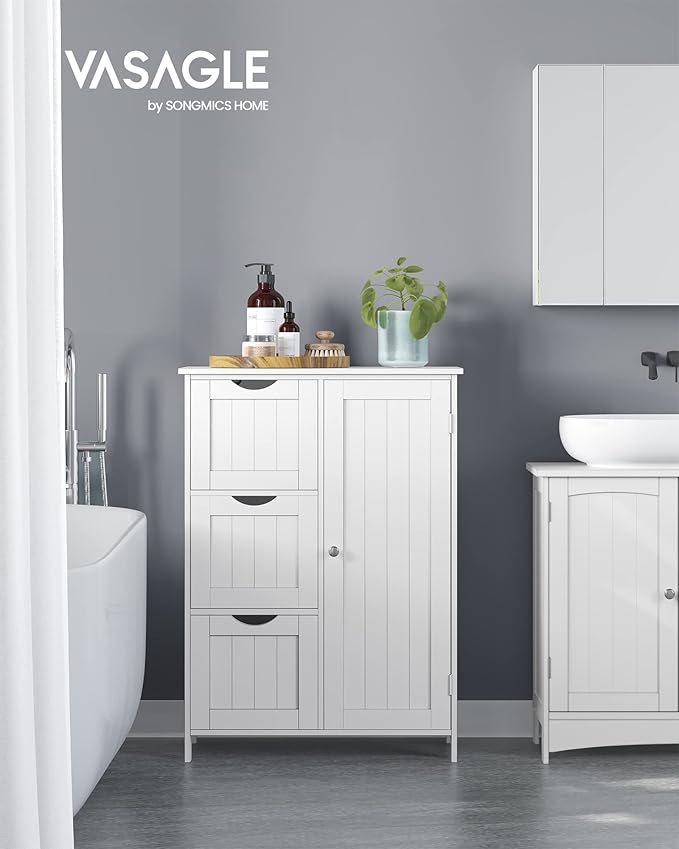 VASAGLE Floor Storage Cabinet, Freestanding Storage Unit with 3 Drawers, 1 Adjustable Shelf, for Bathroom Living Room Dining Kitchen, 11.8 x 23.6 x 31.5 Inches, Cloud White UBBC049WH01S