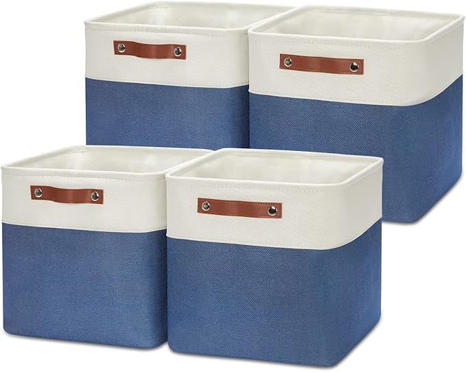 HNZIGE Fabric Storage Basket(4 Pack) Linen Baskets for Organizing,12x12 Storage Bins for Shelves,Towels,Blankets,Toys with Leather Handles(White&Blue)