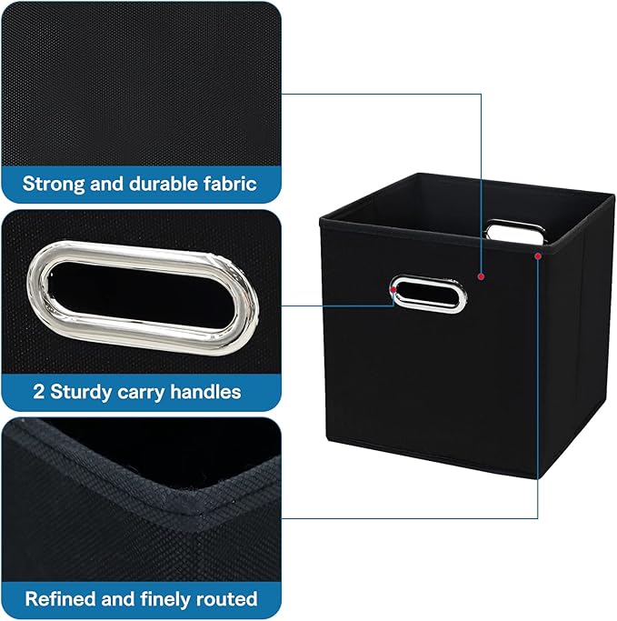 STOREONE Fabric Storage Bins Cubes Baskets Containers-(11X11X11) with Dual Handles Cube Storage Organizer Bins for Shelf Closet, Bedroom Organizers, Foldable Set of 6 (Black )