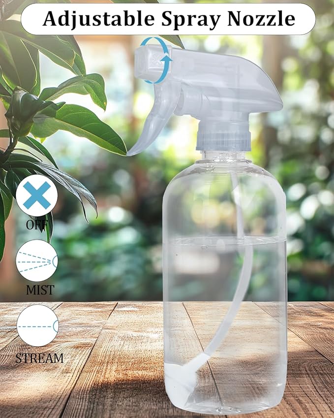 2 Pack 360° Spray Bottles, 16 oz Plastic Small Containers with Adjustable Spray Nozzles, Spray Bottles for Hair, Cleaning Solutions, BBQ and Plants Clear