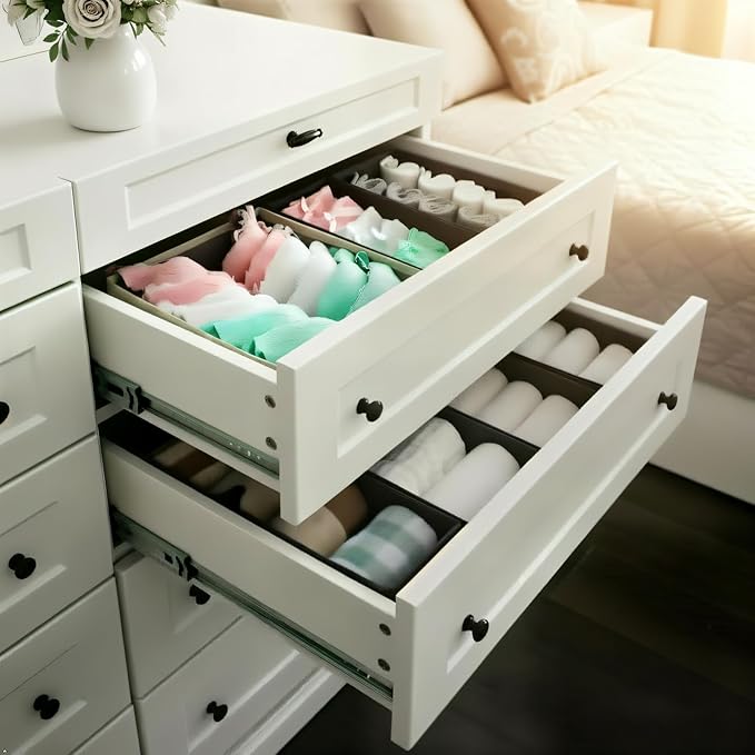 Sock Drawer Organizer 3 Pack - Collapsible Fabric Storage Bins for Underwear Divider, Small Closet Organizers with 3 Compartments, Khaki