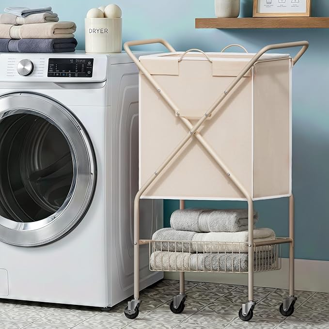 Laundry Basket with Wheels:88L Rolling Laundry Cart Foldable Metal Frame Dirty Clothes Laundry Hamper 36"H 4 Caster 2 Brake Waterproof Removable Liner Carry Handle for Dorm Laundry Room,Cream