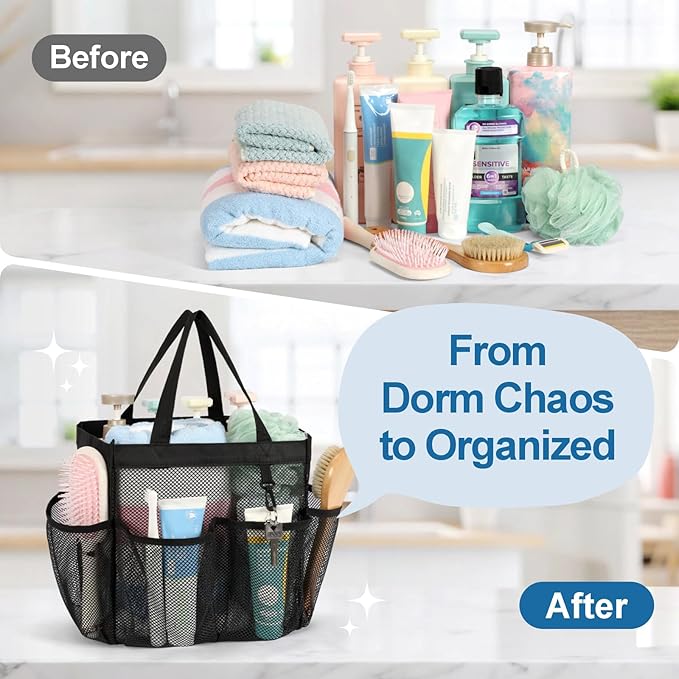 F-color Mesh Shower Caddy Portable, Upgrade Deeper 7 Pockets Shower Bag Basket Tote for College Dorm Room Toiletry Bathroom Essentials Gym Camp Quick Dry 2 handles with S Hook, Black