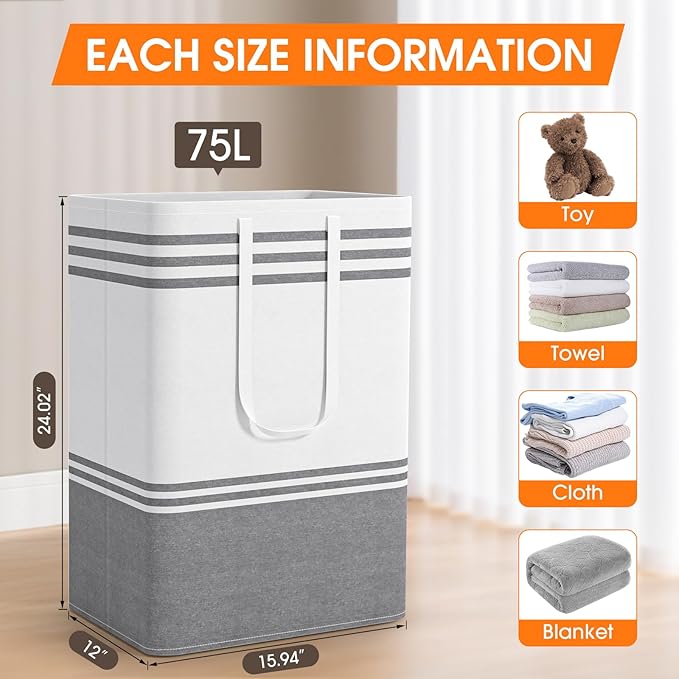4 Pack Large Laundry Baskets, Laundry Hampers, Freestanding Waterproof Collapsible Clothes Bag with Extended & Reinforced Handles - Clothes Basket for Dorm, Bathroom, Home (75L)