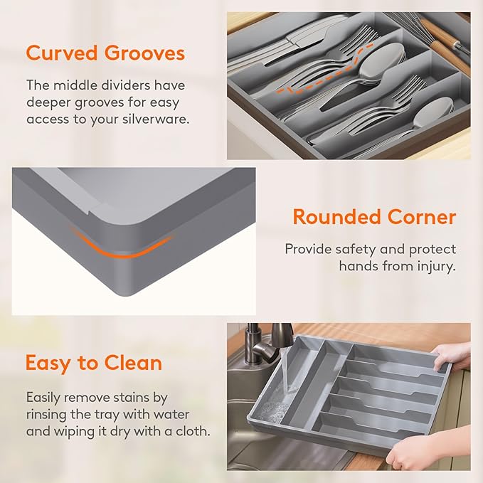 Lifewit Silverware Drawer Organizer Tray, Plastic Cutlery Storage for Kitchen, Flatware and Utensil Holder Divider for Spoons Forks Knives Tableware, 12.3 x 16", 7 Slots, Gray