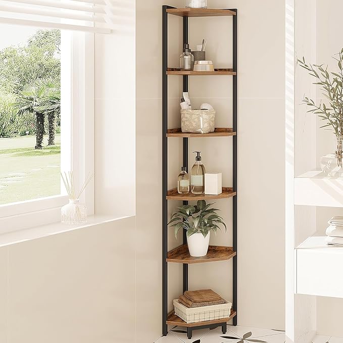 Corner Shelf Stand, Corner Bookshelf, Storage Standing Shelf Unit with Metal Frame, Plant Stand, Bookcase for Living Room, Home Office, Bedroom, 6-Tier Rustic Brown CS06001B