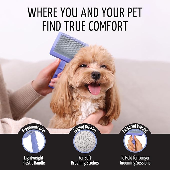 Tauro Pro Line Deshedding Slicker Brush for Dogs & Cats, Soft Pins for Gentle Dematting & Detangling, Grooming Tool for Long & Wavy Coats, Ideal for Spaniels, Non-Slip Grip, Purple, Large Size (L)