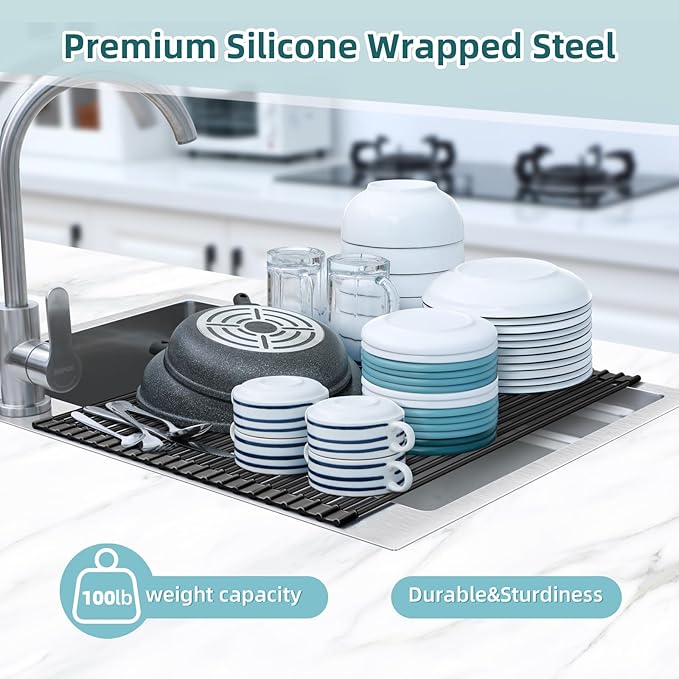 Ohuhu Sink Drying Rack, 20.5" W x 16.1" L Over Sink Roll-Up Dish Drainer - Rolling Foldable Accessories Heat-Resistant Mat Anti-Slip Silicone Coated Multipurpose for Kitchen Counter