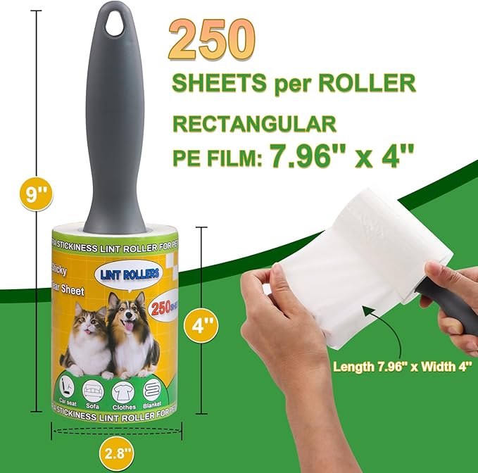 Sunroda Lint Roller Pet Hair Value Pack of 500 Sheets, Extra Sticky Lint Remover for Dog & Cat Fur, Clothes, Furniture, Couches Reusable Rollers for Fuzz, Fluff & Hair (White, 2 Count / 500 Sheets)