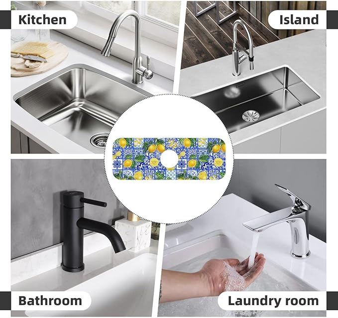 Yellow Lemon Mediterranean Lemons And Blue Tiles Kitchen Sink Splash Guard Faucet Mat Super Absorbent Fast Drying Mat Sink Gadgets-Fast Drying Pad Sink Mat For Kitchen Bathroom (15" X 5.5" )
