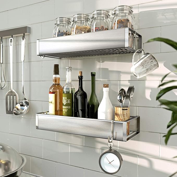 Bathroom Adhesive Shower Caddy Basket Shelf with Hooks, No Drilling Removable Bathroom Shelf Organizer,Stainless Steel Rustproof Shower Rack for Shampoo Storage, Sponge Holder-Silver