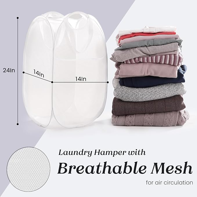 TECHMILLY Collapsible Mesh Pop Up Laundry Hamper with Sturdy Handles and Side Pocket - Portable Foldable Clothes Baskets for Dorm, Bathroom & Travel Storage (White, 2 Packs)