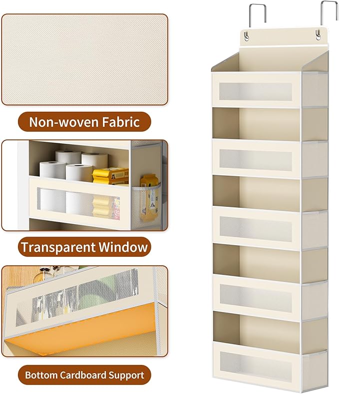 Over The Door Organizer with 5 Large Pockets, Over the Door Storage 10 Side Pocket 44 lb Load Behind Door Storage, Closet Door Organizer Hanging Shelf for Wall Bathroom Bedroom Nursery, 5-Tier Beige