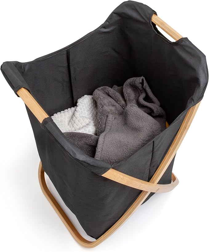 QUALIAZERO 72L Bamboo X-Frame Laundry Hamper – Foldable Single Section Clothes Basket with Removable Bag & Bottom Handle, Ideal for Bathroom, Bedroom, or Dorm (ONYX BLACK, X-FRAME)
