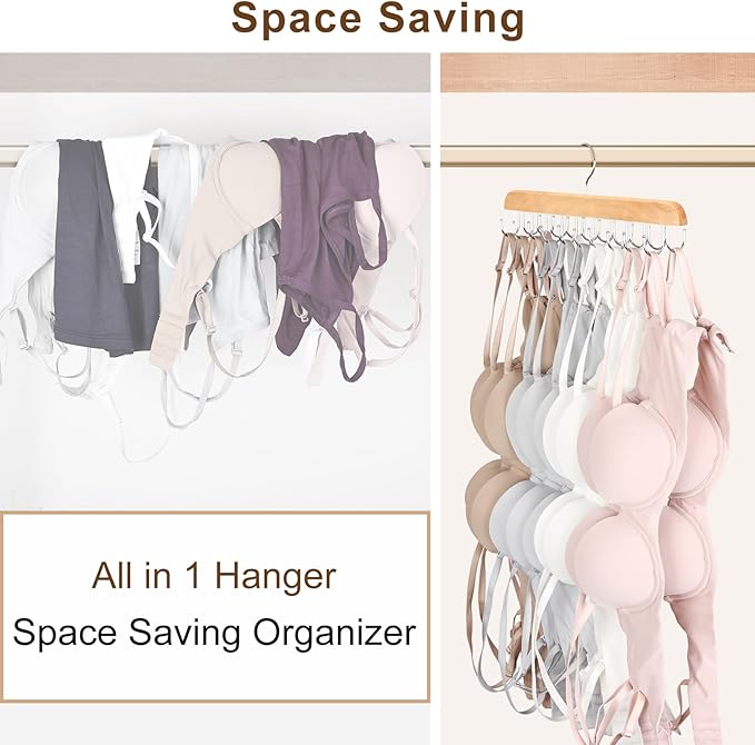 Bra Hanger for Closet, Tank Top Organizer 20 Hooks Capacity Foldable Wood Space Saving Hanger Closet Organizers and Storage for Dorm & Apartment for Tank Top, Hats, Scarf etc.