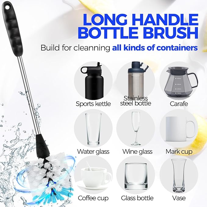 Holikme 6 Pack Bottle Brush Set, 14" Long Handle Stainless Steel Bottle Cleaner Brush, 3 Straw Brushes, 3-in-1 Bottle Cleaning Brush for Water Bottle, Baby Bottle, Blue&White
