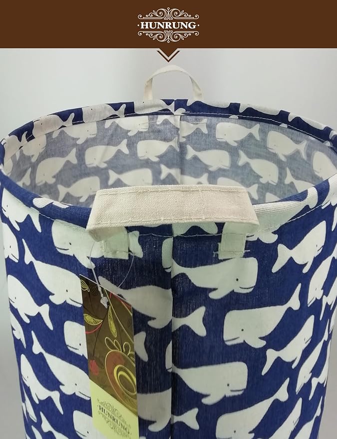 HUNRUNG Laundry Hamper,Large Canvas Fabric Lightweight Storage Basket Toy Organizer Dirty Clothes Collapsible Waterproof for College Dorms, Children Bedroom,Bathroom (Rould Blue Whale)