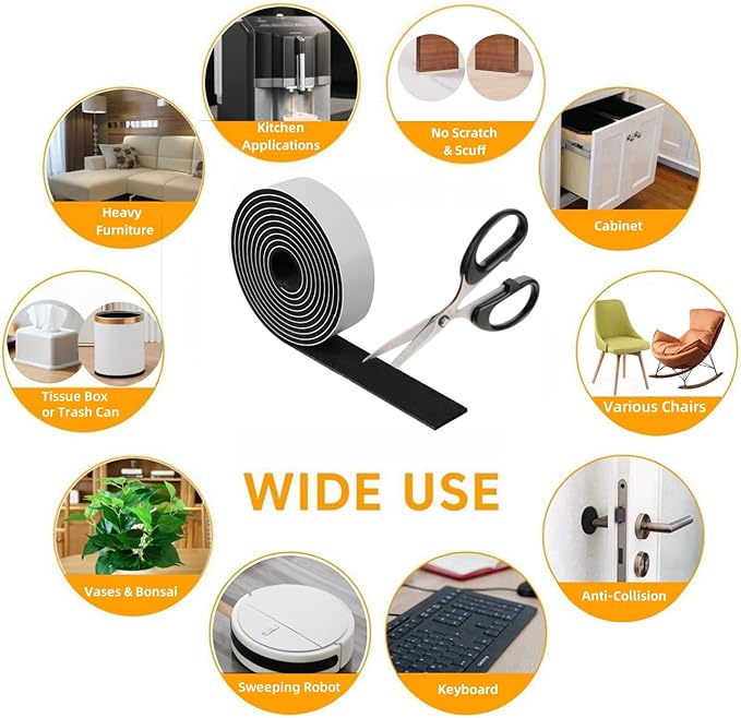 Felt Strips with Adhesive Backing – Furnigear Heavy Duty Cuttable Felt Tape Roll Furniture Pads for Chair Legs - Protecting Hardwood Floors, Chair Wall Protector (Black, 80 x 1 x 0.14 Inch)