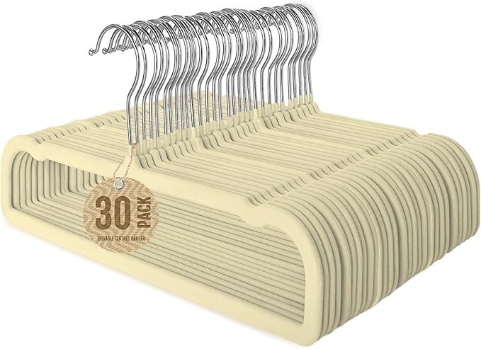 Jiang&Rong 30-Pack Velvet Pants Hangers, Space Saving Slim and Ultra-Thin Non-Slip with 360° Rotating Hooks Felt Hangers, Strong Load-Bearing Capacity Hangers(Beige)
