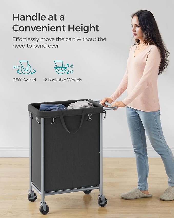 SONGMICS Laundry Basket with Wheels, 2-Section Rolling Laundry Hamper, 37 Gallons (140 L), Removable Liner, Steel Frame with Handle, 27.2 x 15.4 x 31.9 Inches, Ink Black URLS004B01