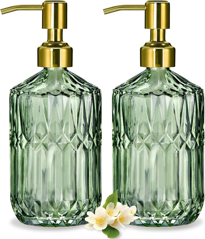 17 Oz Green Glass Kitchen Soap Dispenser for Dish Soap, 2 Pack Bathroom Soap Dispenser Set with Gold Rust Proof Pump for Lotion, Hand soap or Body Wash