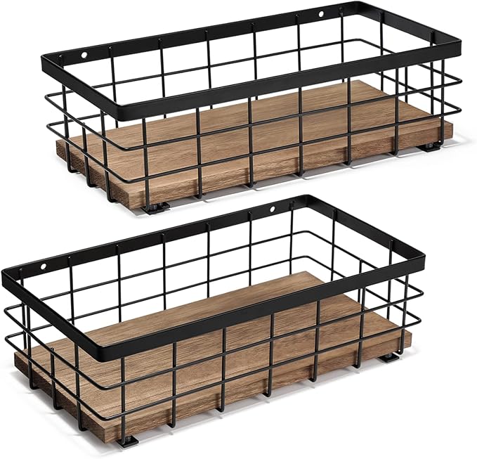 TJ.MOREE 2-Pack Small Metal Wire Basket, Decorative Wood Base Organizer for Bathroom, Kitchen, Basket for Toilet Paper Storage, Sugar Packet, Coffee Syrup, Guest Towel, Napkin