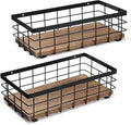 TJ.MOREE 2-Pack Small Metal Wire Basket, Decorative Wood Base Organizer for Bathroom, Kitchen, Basket for Toilet Paper Storage, Sugar Packet, Coffee Syrup, Guest Towel, Napkin
